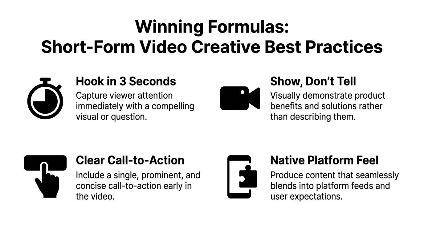 Infografis berjudul Winning Formulas for Short-Form Video Creative Best Practices dengan empat tips.