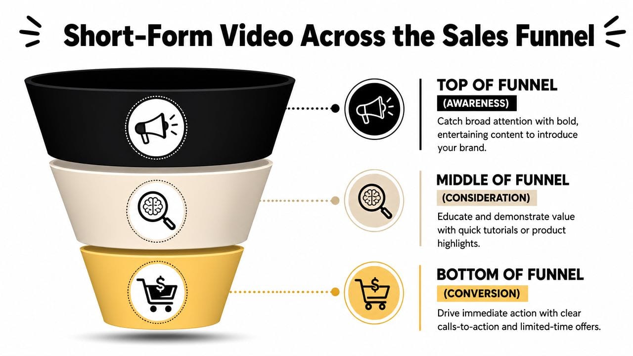 Diagram yang mengilustrasikan cara menggunakan konten video pendek di setiap tahap sales funnel.