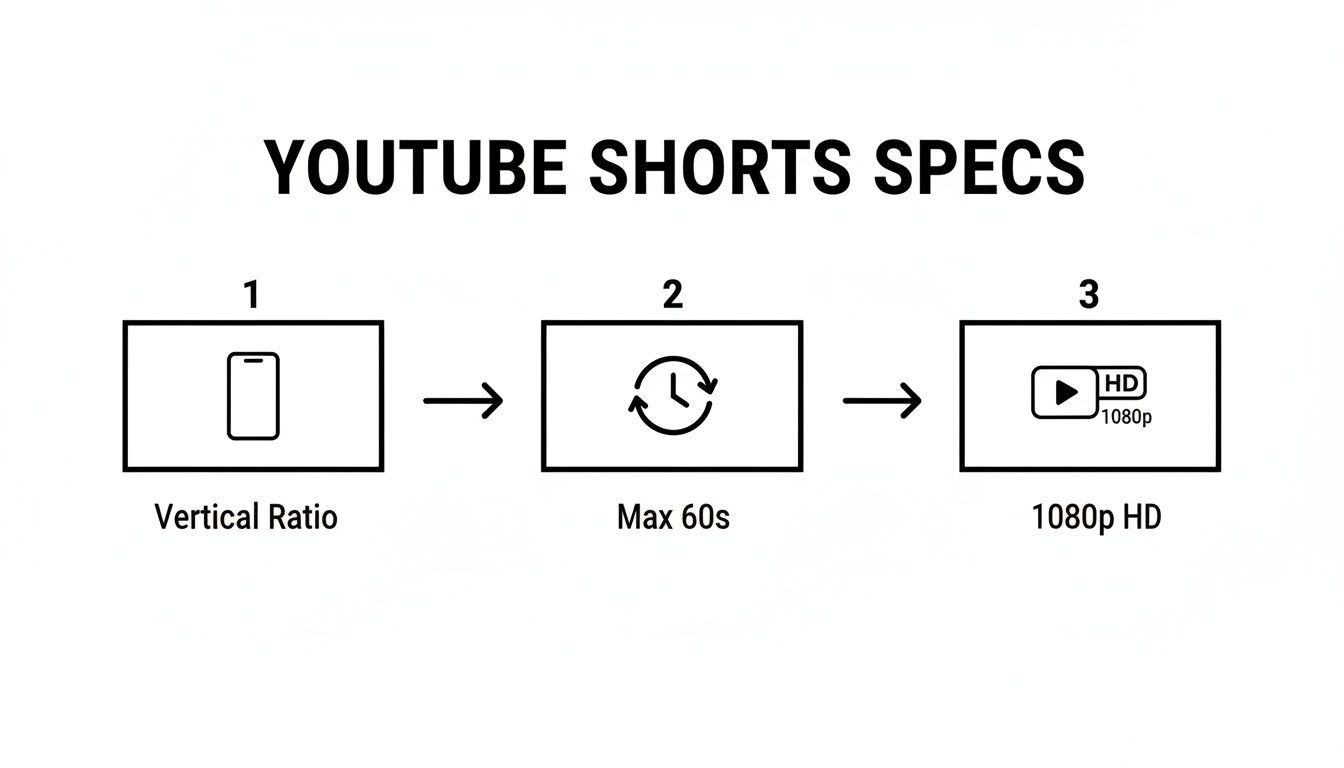 Diagram outlining YouTube Shorts specifications: vertical ratio, maximum 60 seconds duration, and 1080p HD quality.