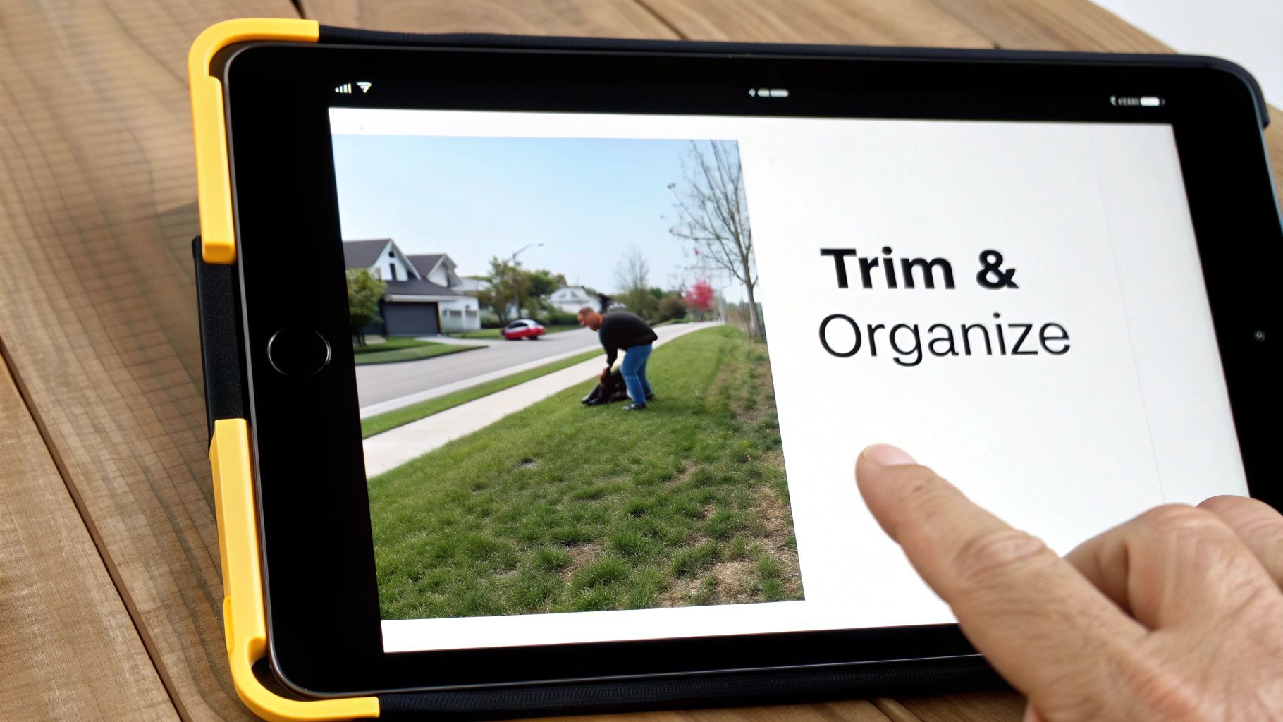 A hand taps an iPad displaying a presentation slide with text "Trim & Organize" and a man on a lawn.