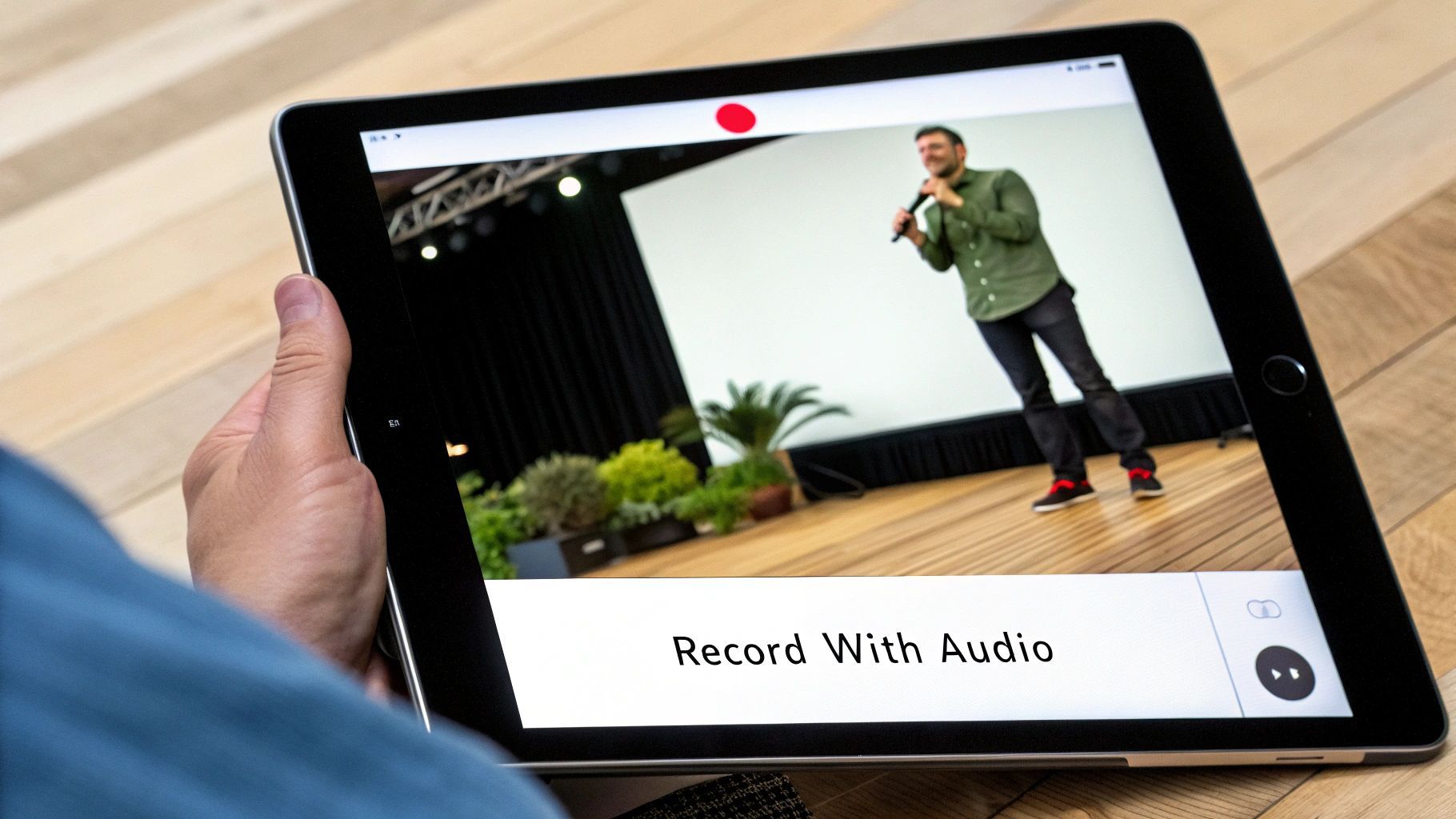 A person holds an iPad displaying a live recording of a man speaking on stage with 'Record With Audio' text.