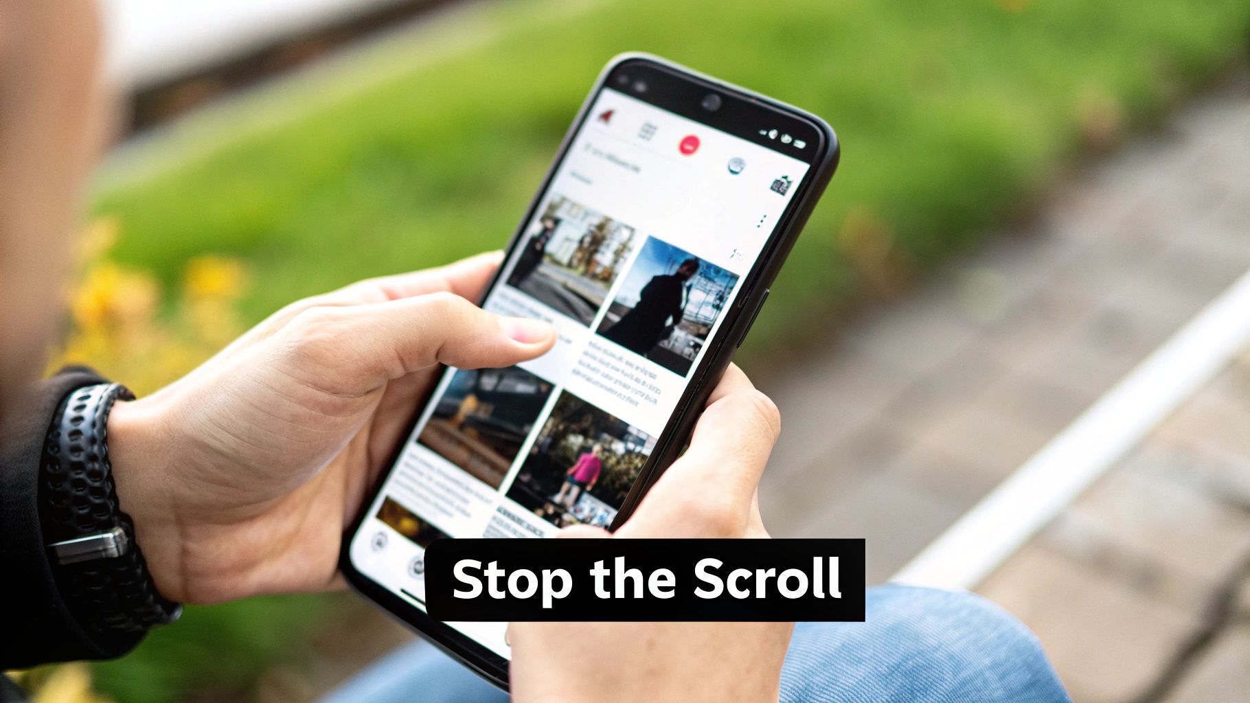 يد شخص يمسك بهاتف ذكي، يمرر عبر تغذية محتوى مع نص 'Stop the Scroll'.