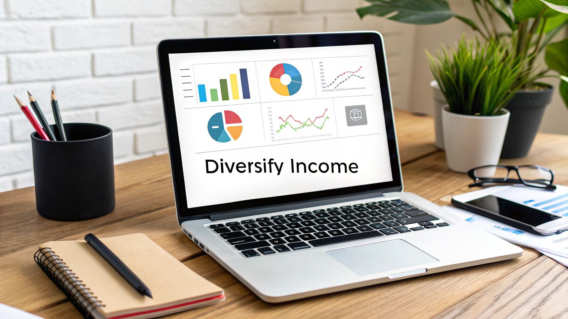 Digitaalinen kuvitus erilaisista tulolähteiden ikoneista kuten ostoskori, dollarimerkki ja asiakirja, kaikki yhteydessä keskeiseen YouTube-toistopainikeikoniin, symboloiden monipuolista monetisointia.