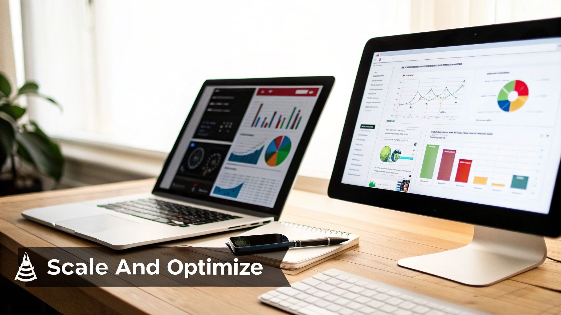 Digitaler Arbeitsplatz mit zwei Bildschirmen, die Business-Intelligence-Dashboards und Datenvisualisierungen zeigen.