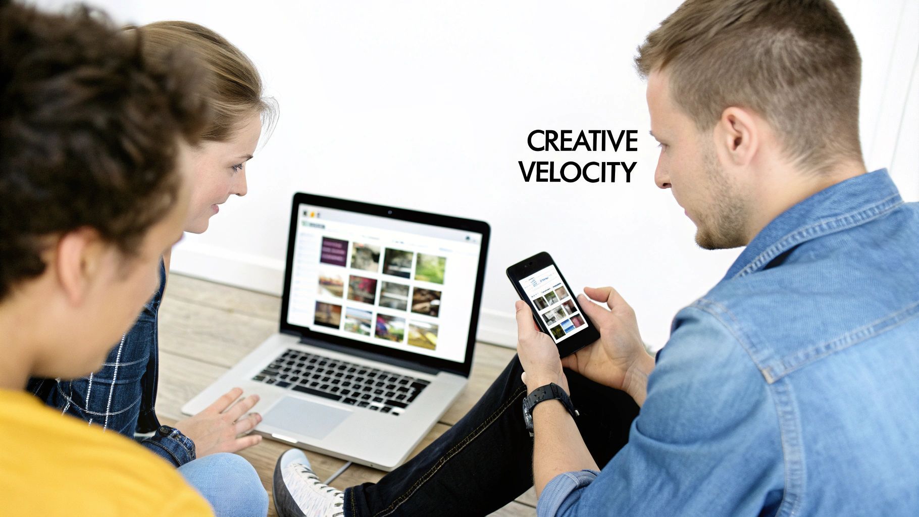 Drei junge Menschen arbeiten zusammen und teilen digitalen Content auf einem Laptop und Smartphone mit dem Text „Creative Velocity“.