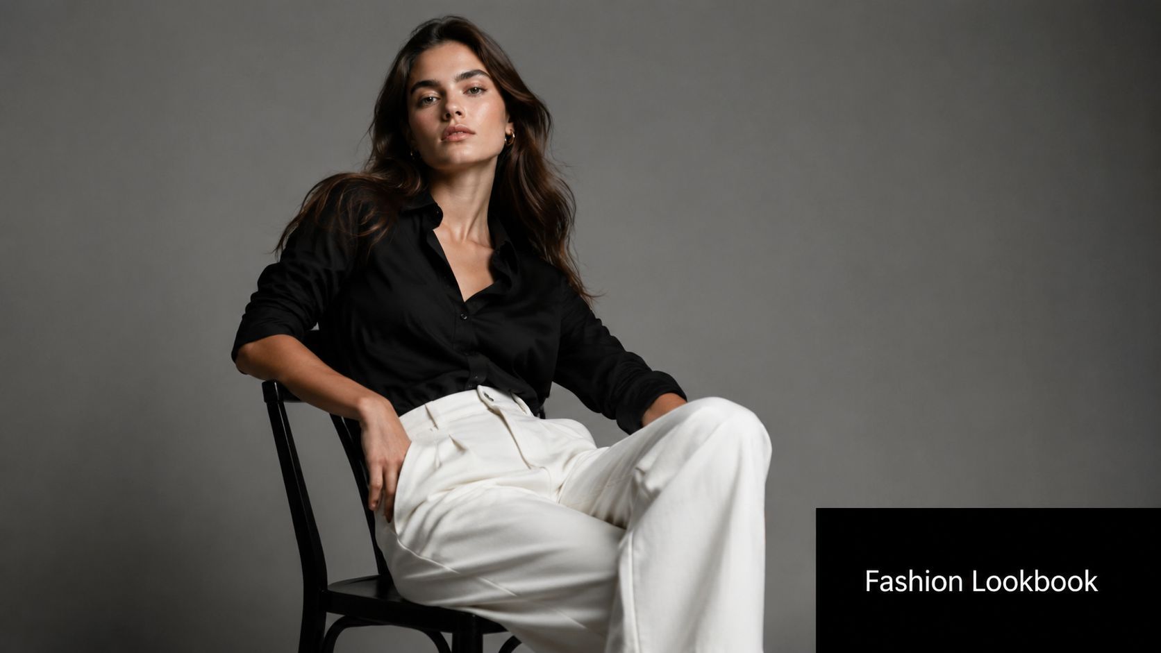 Un model professional amb els cabells llargs portant una camisa negra i pantalons blancs assegut en una cadira.