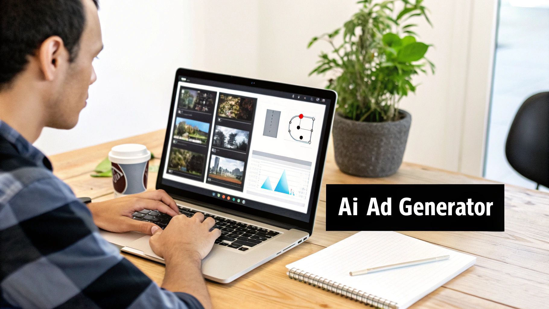 Un homme utilise un ordinateur portable affichant l’interface d’un générateur d’annonces IA avec diverses images et visualisations de données, à côté d’une tasse de café.