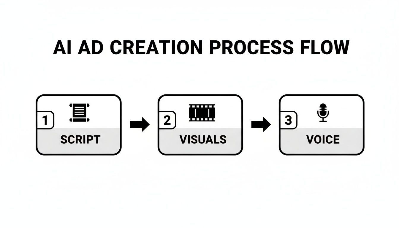 Diagramme illustrant le flux du processus de création d’annonces IA : étapes Script, Visuels et Voix.