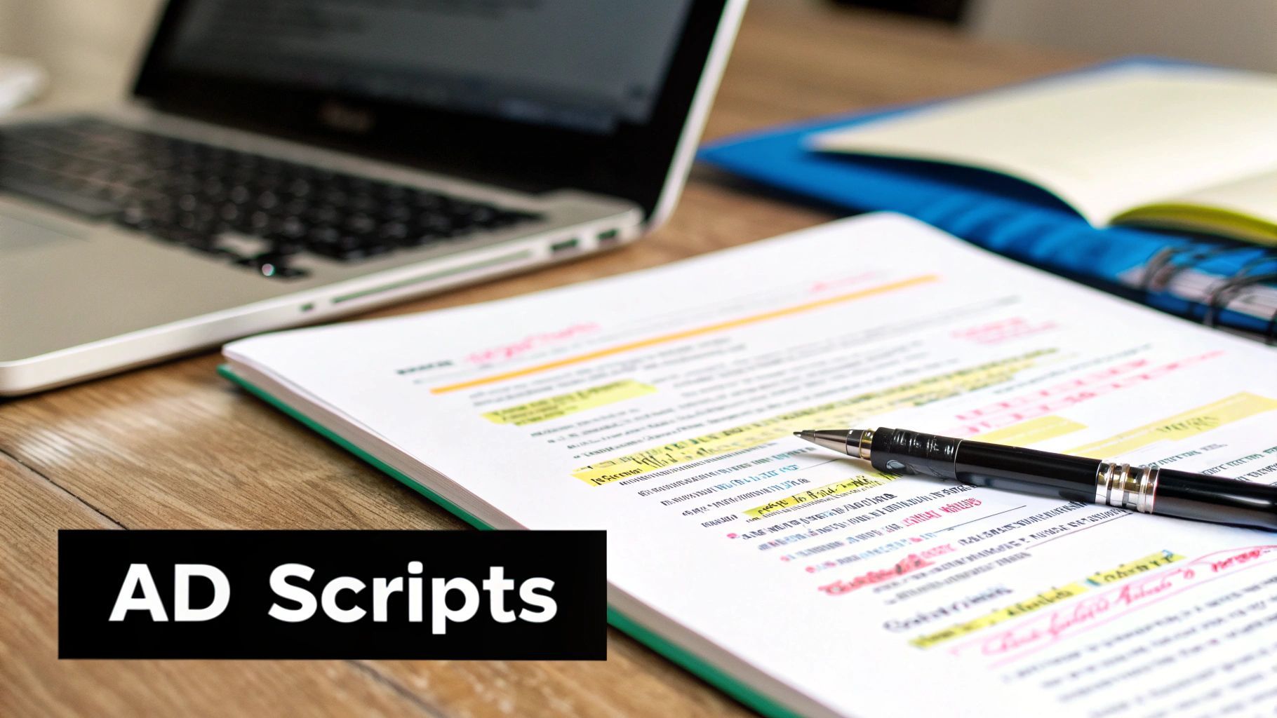 Gros plan sur un bureau avec un ordinateur portable, des documents, un stylo, et un overlay texte « AD Scripts ».