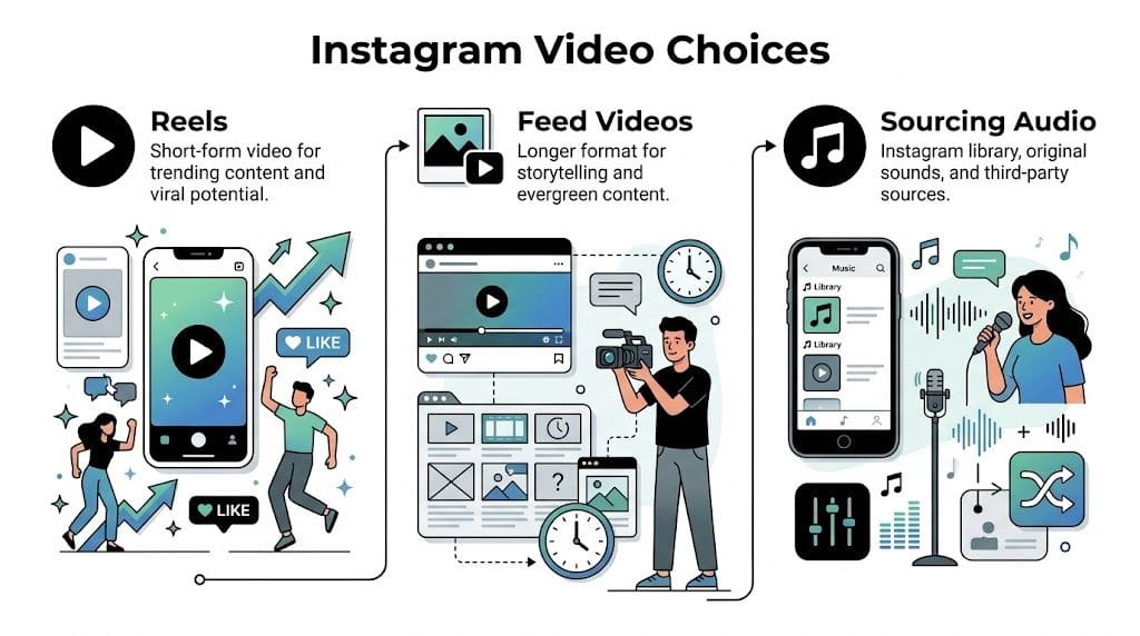 Et infografik, der illustrerer, hvordan man laver Reels, Feed videos og finder lyd til Instagram-indholdmarkedsføring.