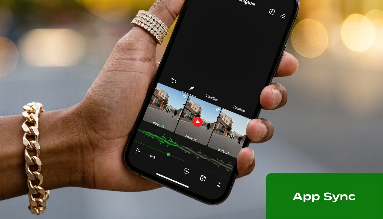 En hånd, der holder en smartphone, der viser Instagram Reels-video-editor-grænsefladen med en tidslinje og musiktracks.