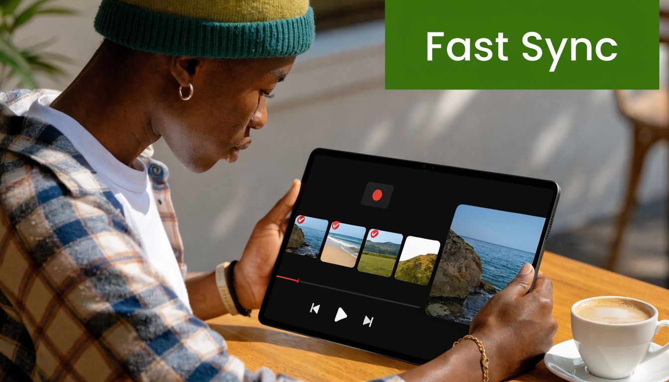 En person, der bruger et tablet til at vælge fotos til redigering, mens de sidder ved et cafébord.
