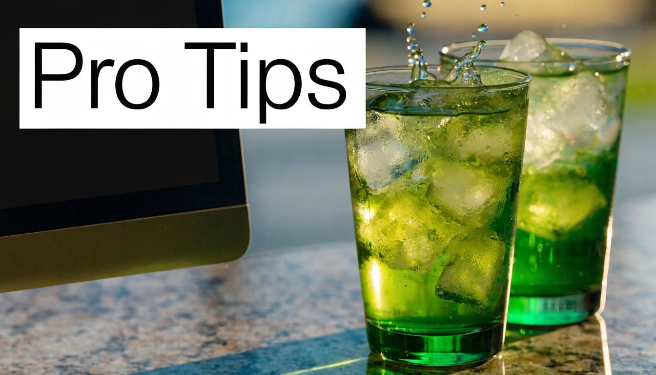 To glas med lysegrønne is-drikkevarer placeret på et granitbord ved siden af en computer-monitor.