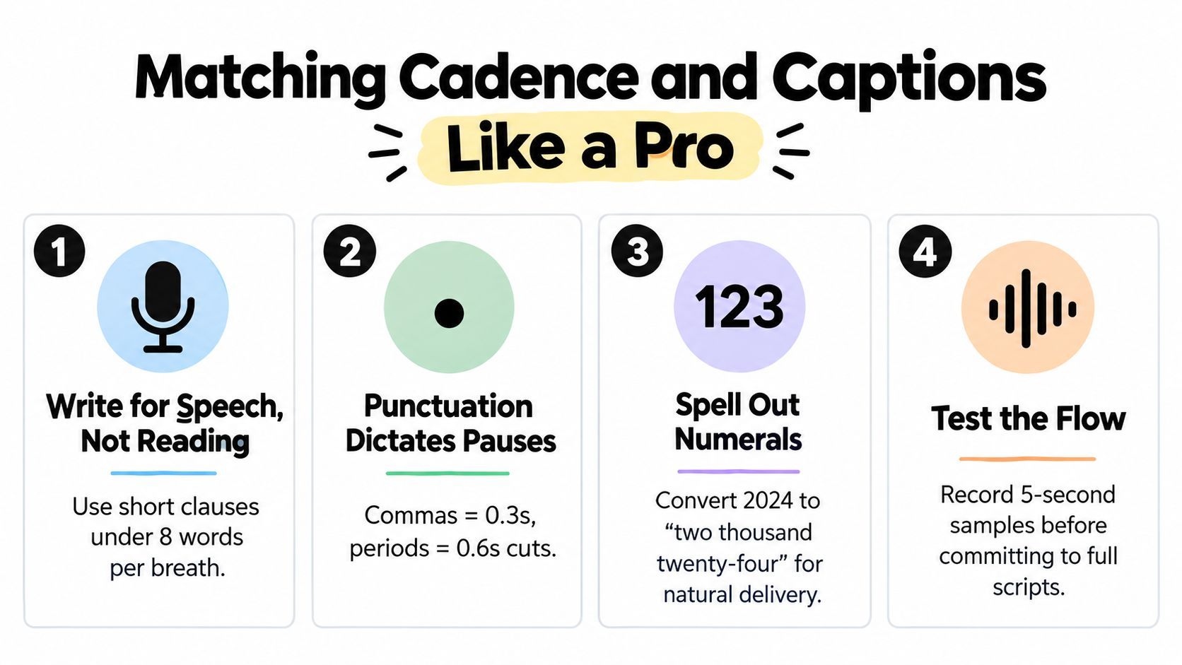 An infographic titled Matching Cadence and Captions Like a Pro, showing four tips for better video narration.