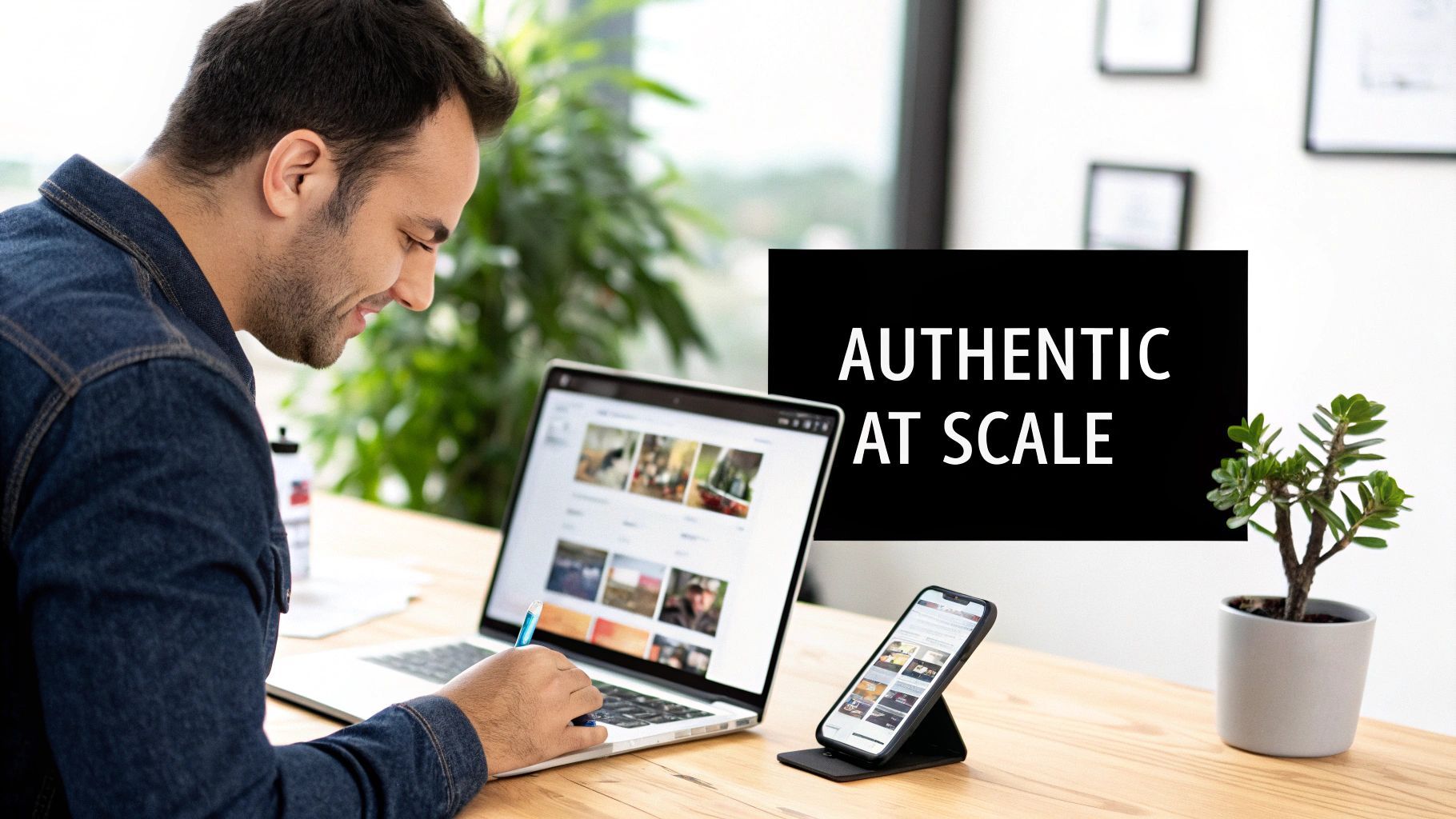 Seorang pria dengan kemeja denim bekerja pada laptop dan smartphone di meja, dengan teks "AUTHENTIC AT SCALE".