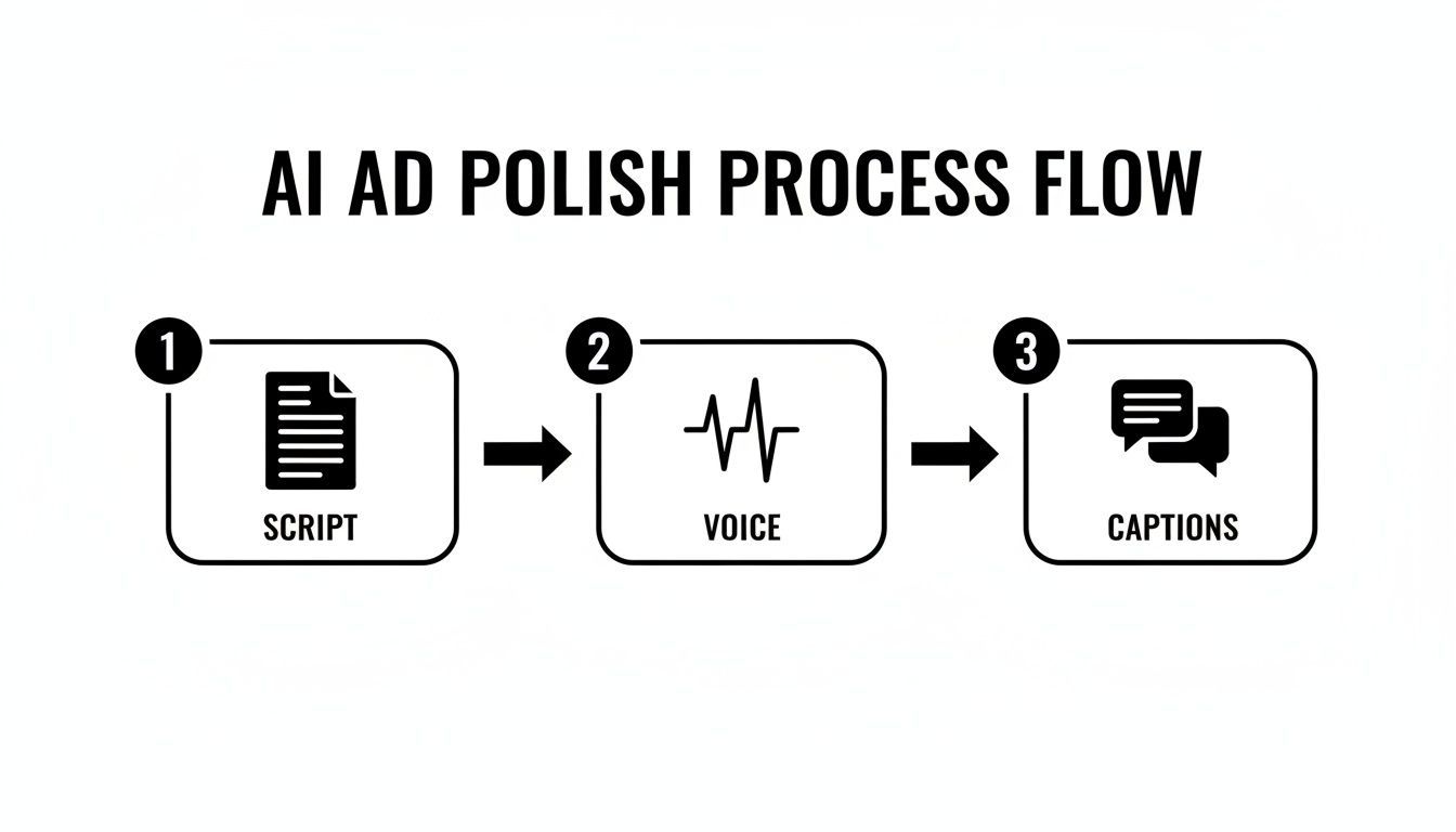Flowchart yang mengilustrasikan proses poles iklan AI dengan tiga langkah: Skrip, Suara, dan Caption.