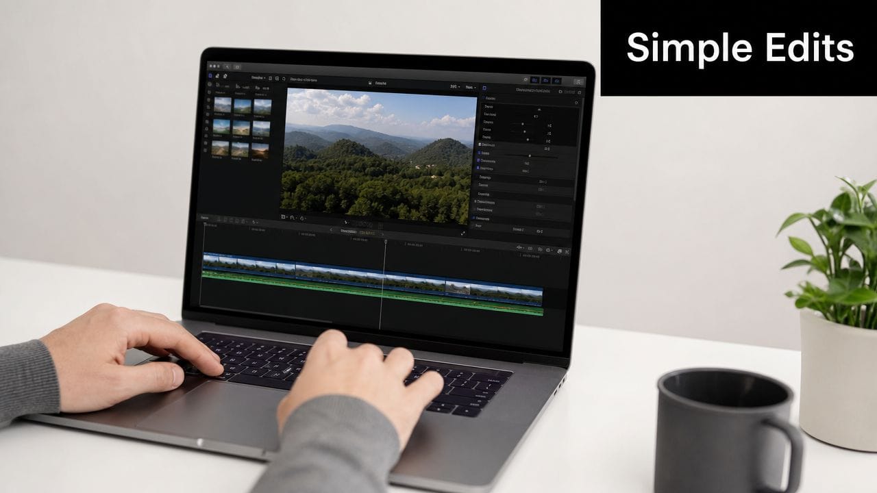 A person editing video footage on a professional laptop workspace with a plant and coffee mug.