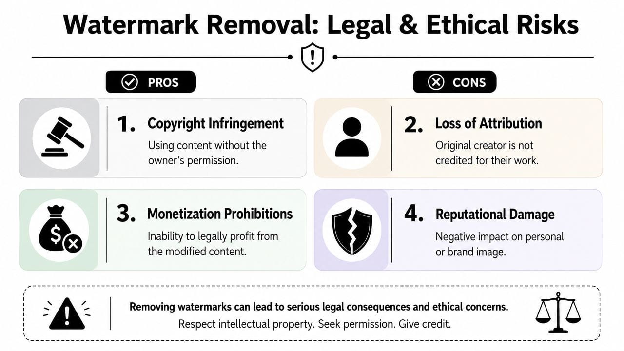 An infographic detailing the various legal and ethical risks associated with removing watermarks from digital content.