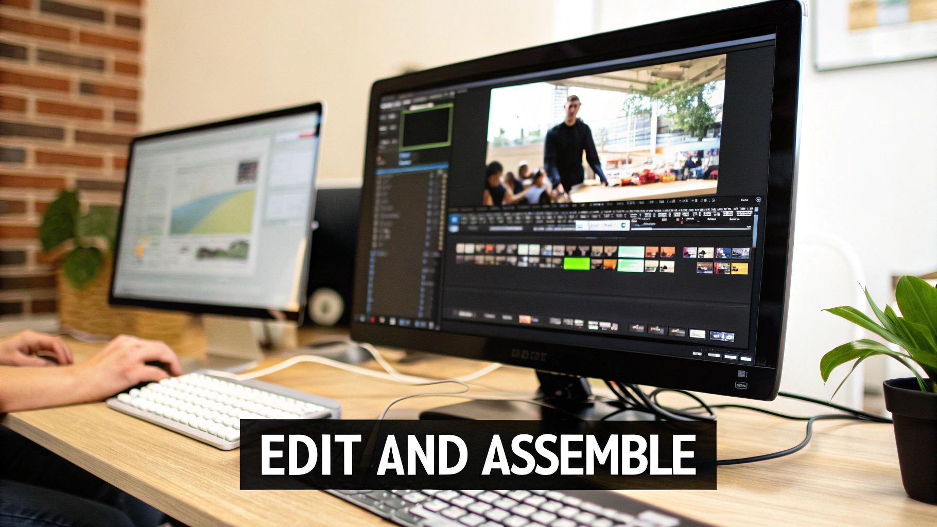 Les mans d'una persona editant vídeos en dos monitors d'ordinador amb programari professional sobre un escriptori de fusta.