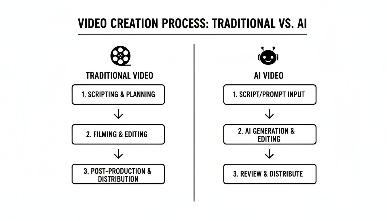 Diagrama de flux que il·lustra les diferències entre els processos tradicionals i de creació de vídeo amb IA, pas a pas.