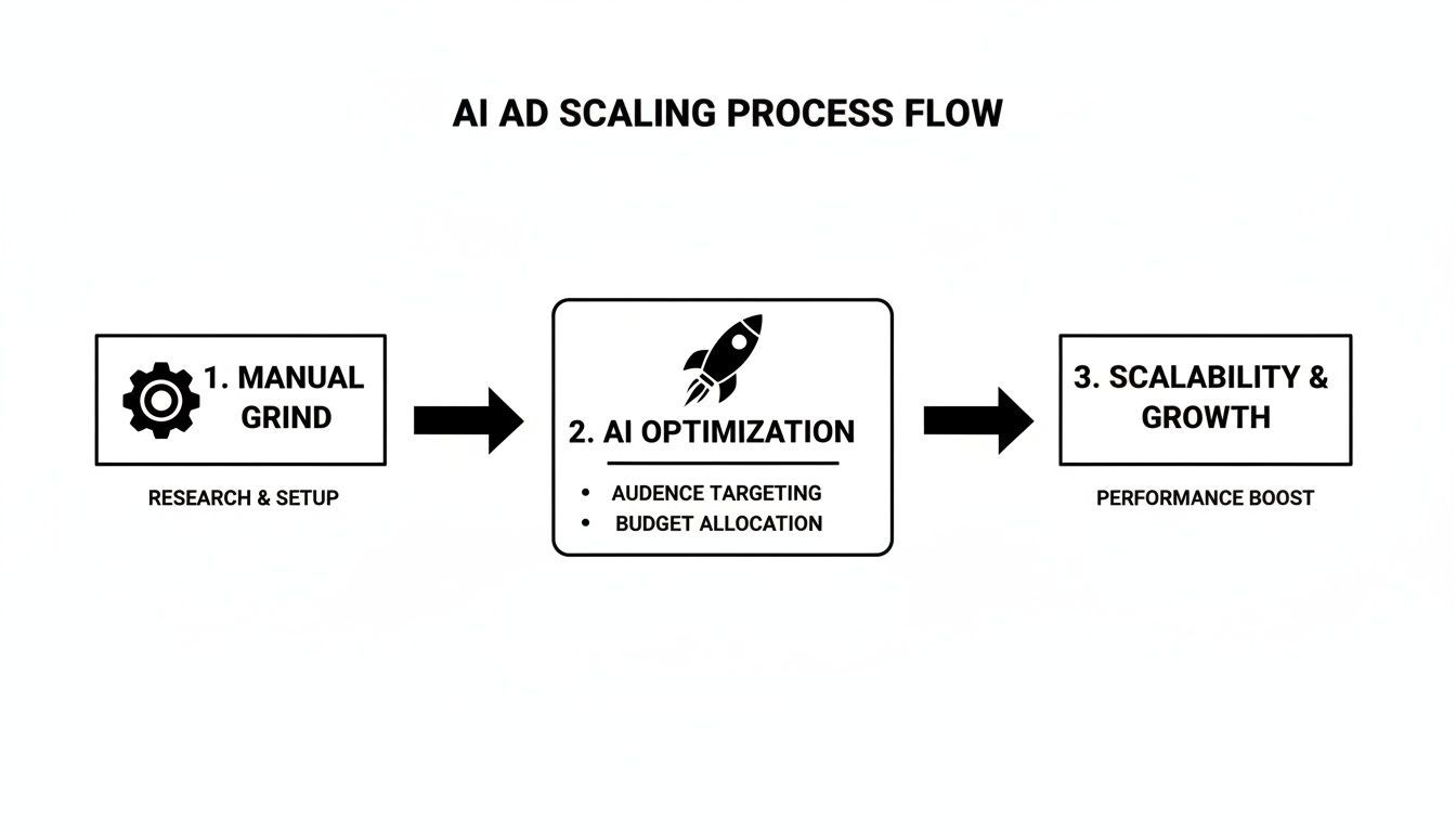 Flowchart outlining the AI ad scaling process, from manual setup to AI optimization and growth.