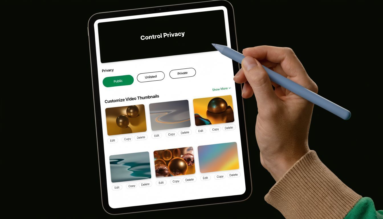 A hand holding a stylus pointing at a digital tablet interface showing video privacy settings and thumbnails.