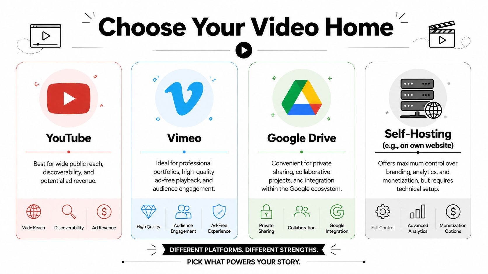 A guide illustrating the best platforms to host videos including YouTube, Vimeo, Google Drive, and self-hosting.