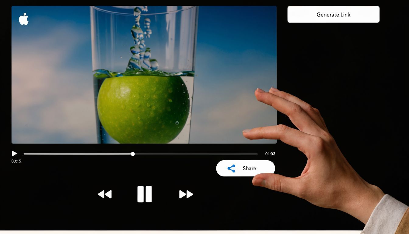 A hand interacting with a digital video interface displaying an apple in a glass of water.