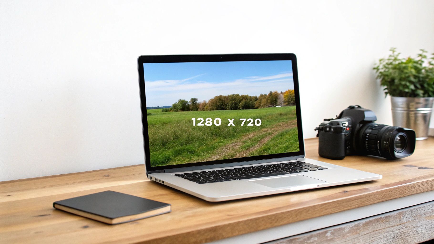 حاسوب محمول على مكتب خشبي يعرض صورة طبيعية '1280 x 720'، مع كاميرا ودفتر ملاحظات.