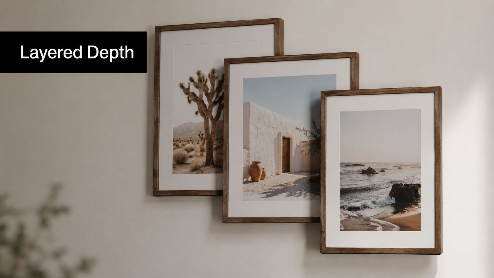 Drie oorvleuelende houtraamwerk met natuurfotografie wat teen 'n neutrale ligmuur hang.