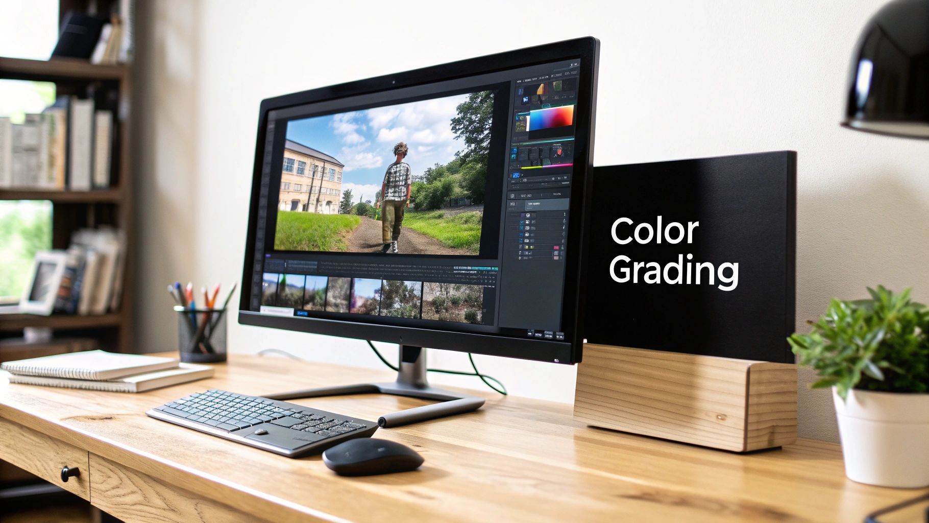 A desktop computer displays video editing software with a 'Color Grading' sign, keyboard, and mouse on a wooden desk.