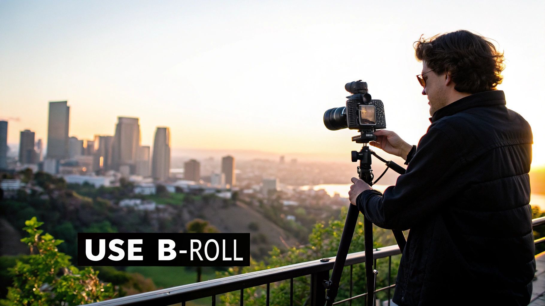 A man films a city skyline at golden hour with a camera on a tripod, with 'USE B-ROLL' text.
