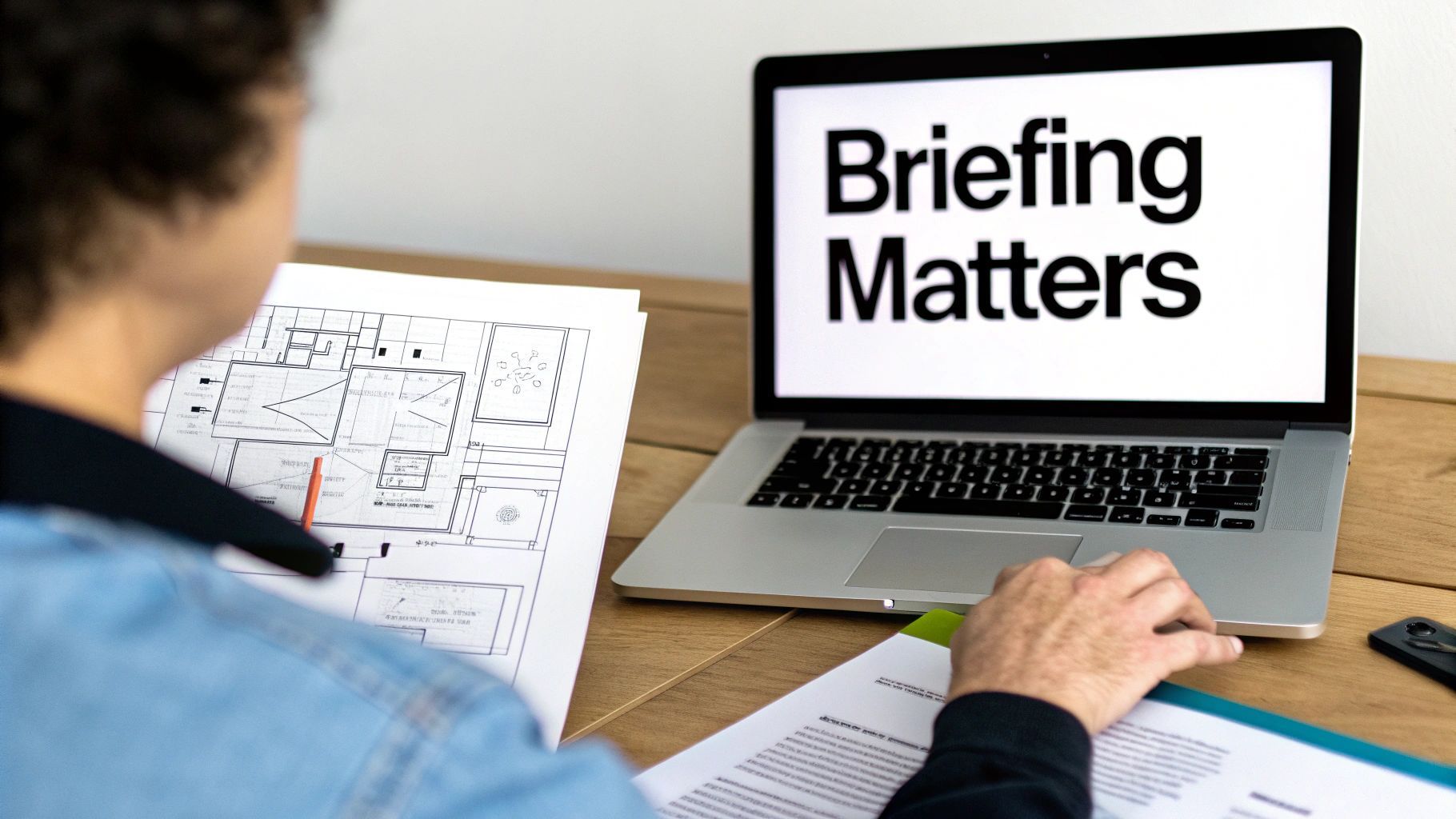 شخص يراجع المخططات والوثائق بينما يعرض جهاز كمبيوتر محمول 'Briefing Matters' على مكتب خشبي.
