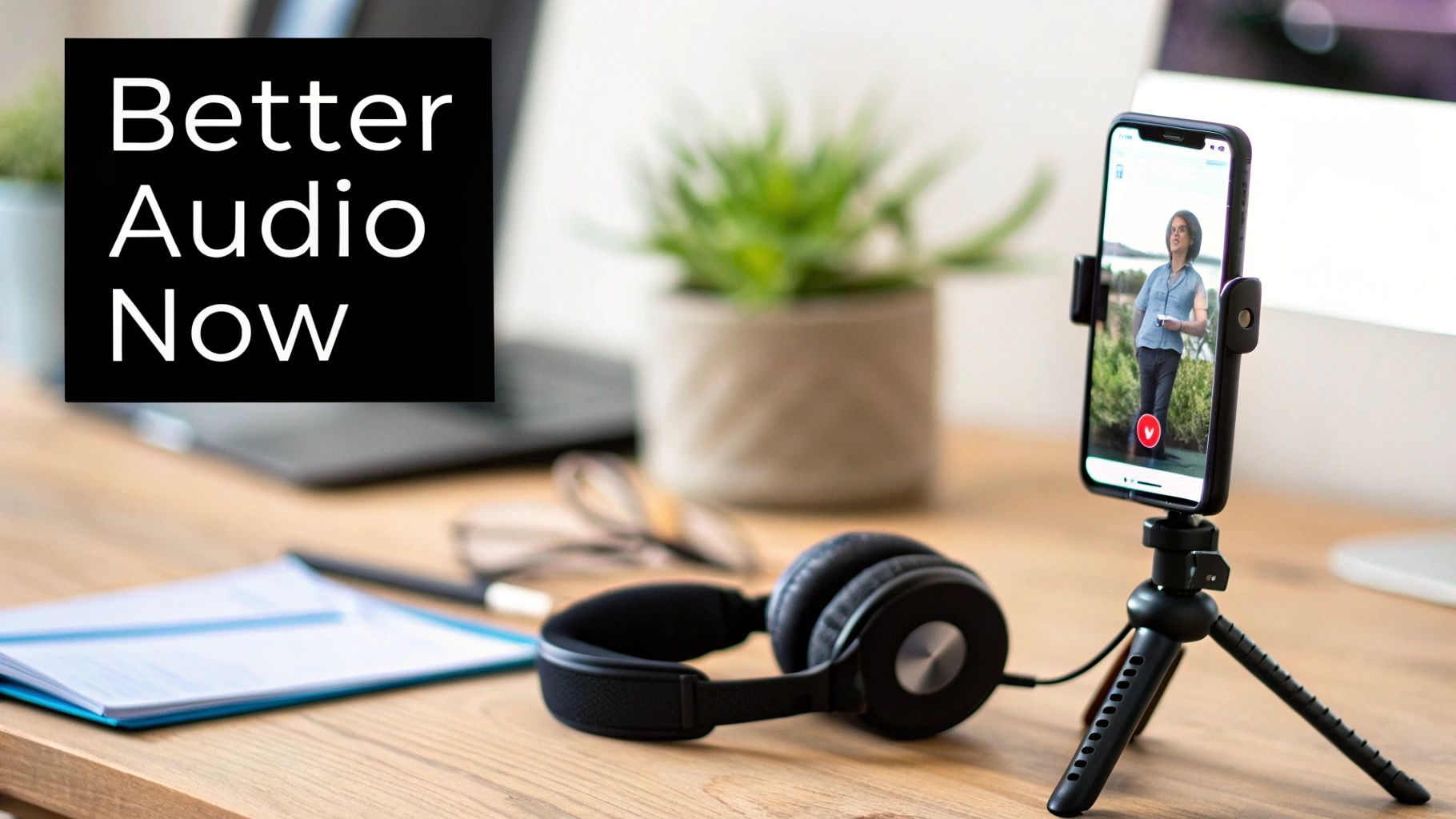 Smartphone na stativu nahrávající video, sluchátka a text 'Better Audio Now' na stole.
