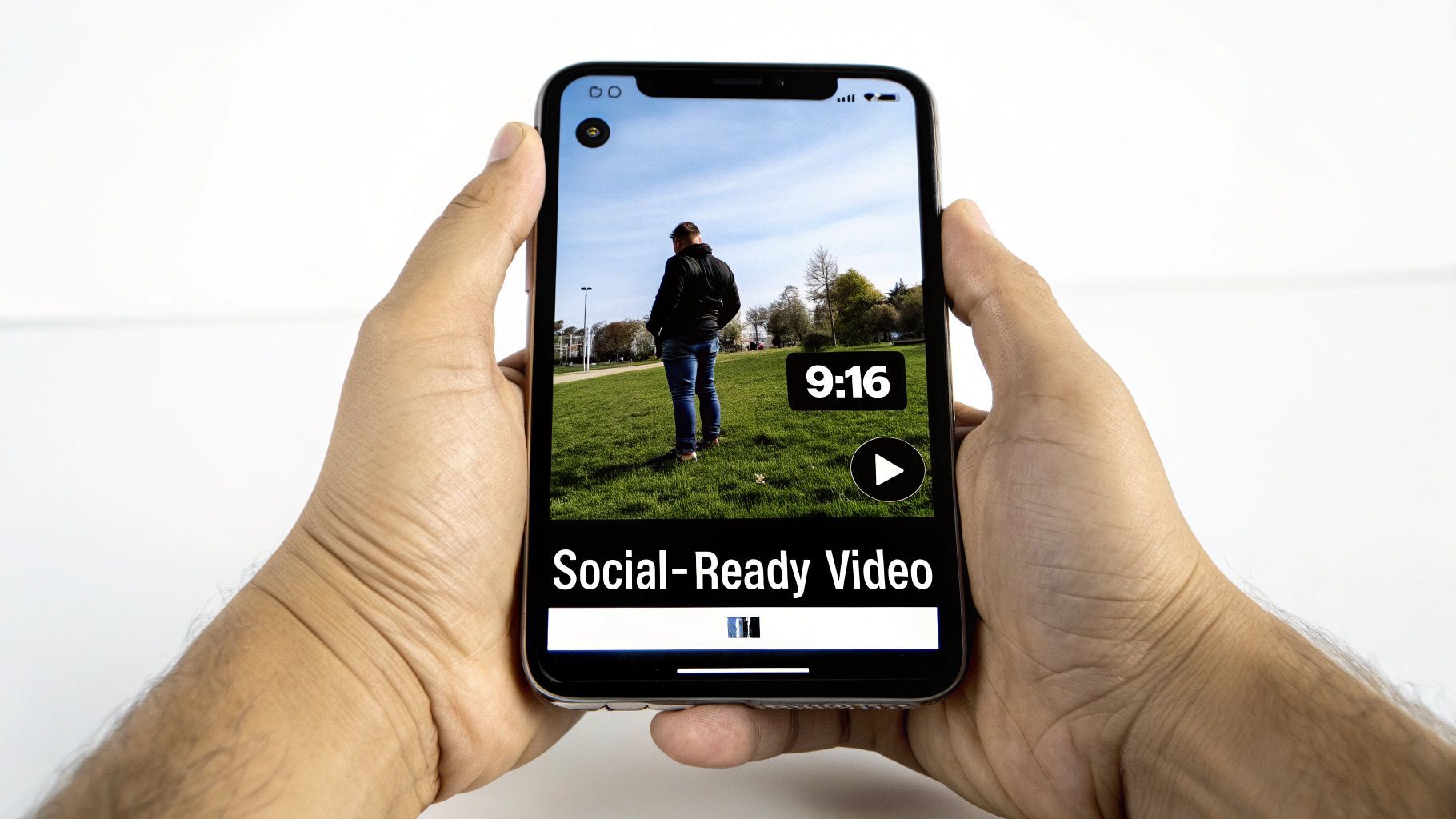 Dvě ruce drží iPhone zobrazující editační aplikaci s 9:16 vertikálním videem v parku a textem 'Social-Ready Video'.