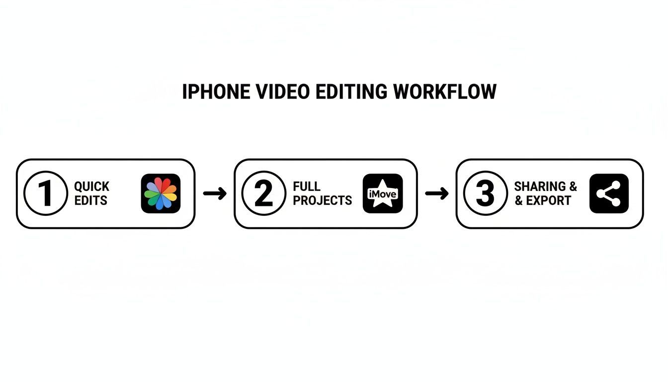 Diagram ilustrující workflow video úprav na iPhonu, od rychlých úprav po plné projekty a export.