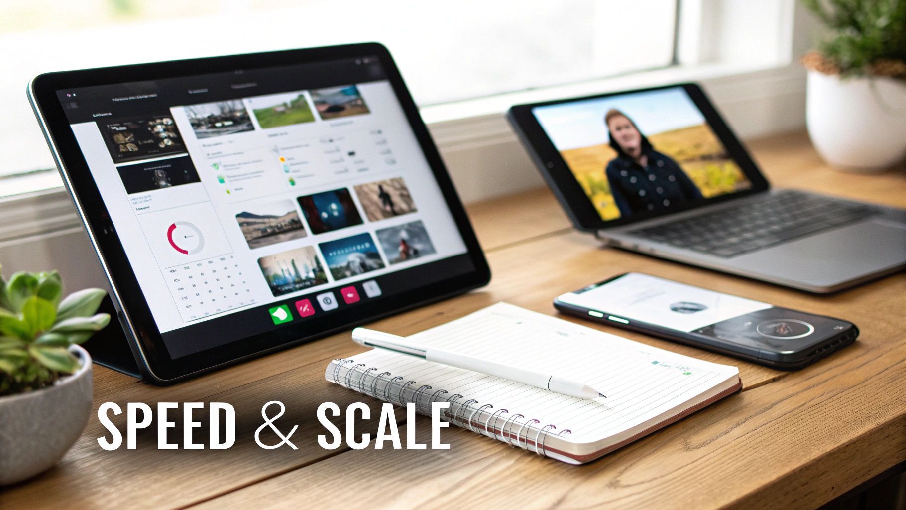 Ένας επαγγελματικός ψηφιακός χώρος εργασίας με tablet, laptop και smartphone σε ξύλινο γραφείο, τονίζοντας ταχύτητα και κλίμακα.
