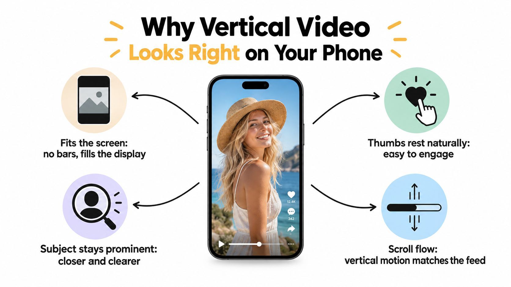 Infografika vysvětlující výhody obsahu vertikálního videa, zdůrazňující vhodnost, zapojení, fokus a zážitek ze scrollování.