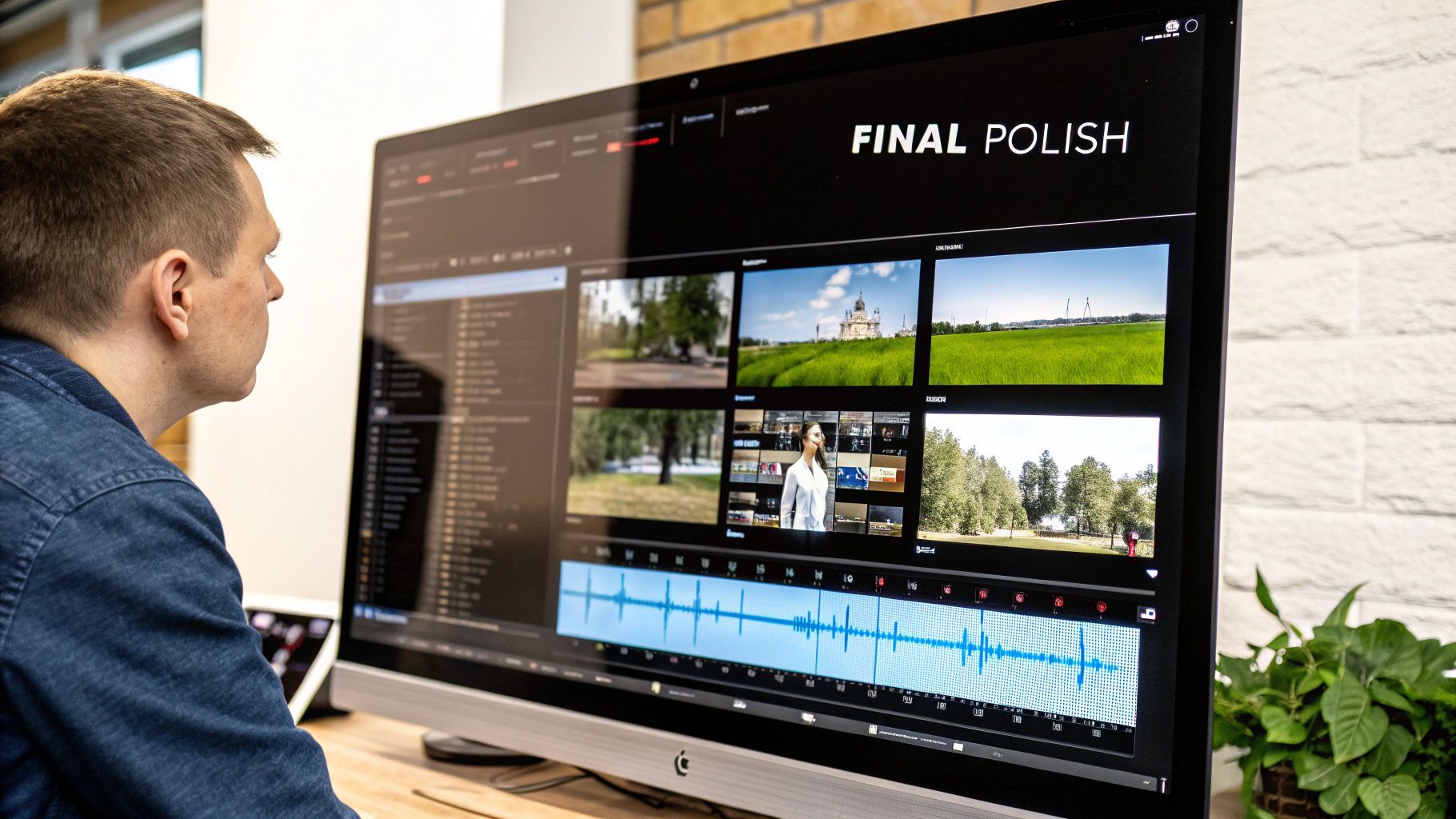 Խմբագրի ժամանակացույց, որը ցույց է տալիս վիդեո երաժշտությամբ և տեքստային ծածկույթներով: