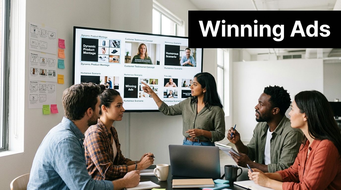 A professional team collaborating on an ecommerce video advertising strategy in a modern office meeting room.