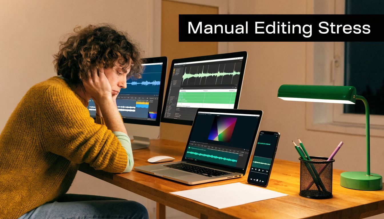 A tired video editor looking stressed while working on multiple screens and devices at a wooden desk.