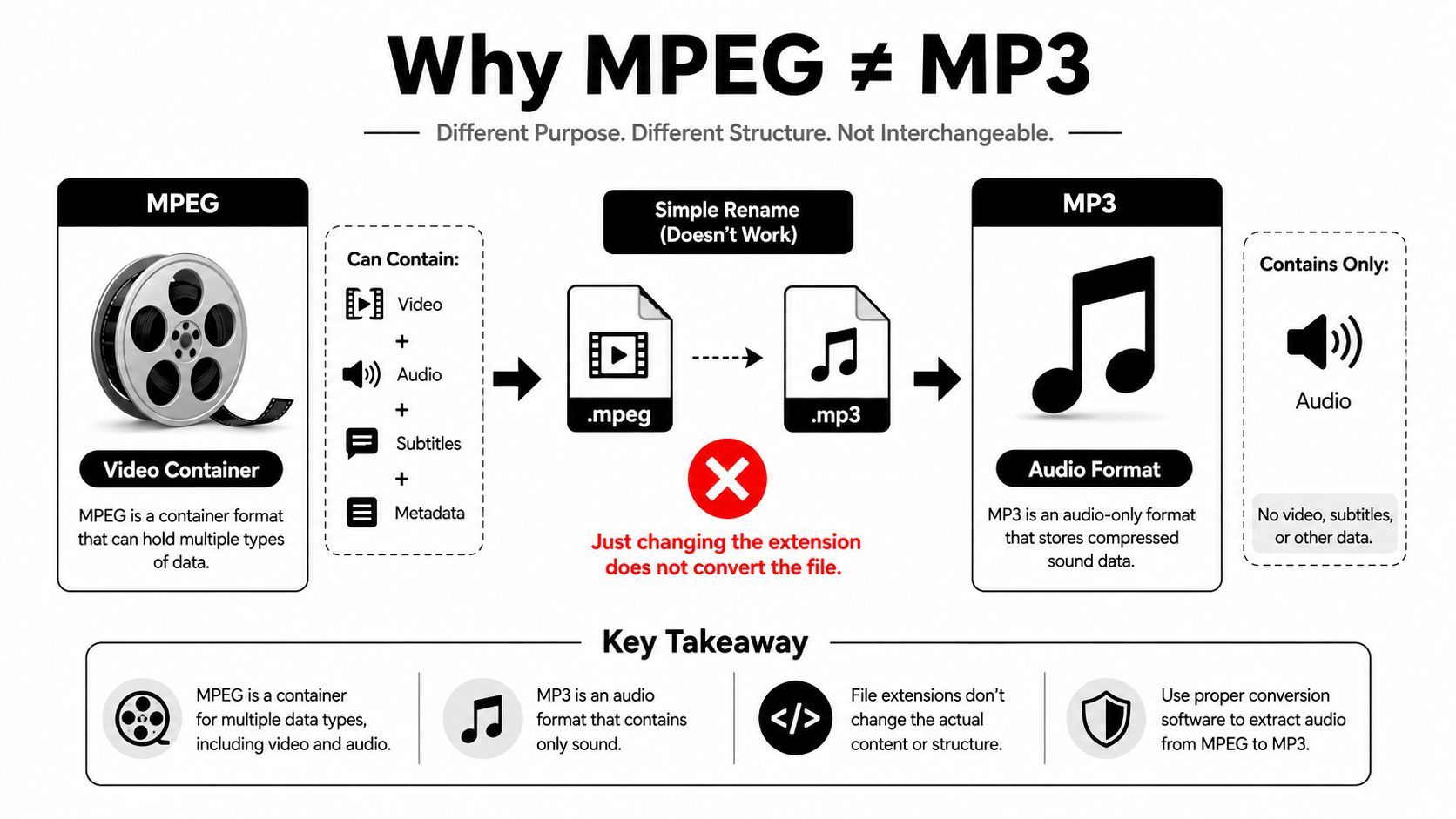 Una infografia que explica que MPEG és un contenidor de vídeo i MP3 és un format de fitxer només d'àudio.