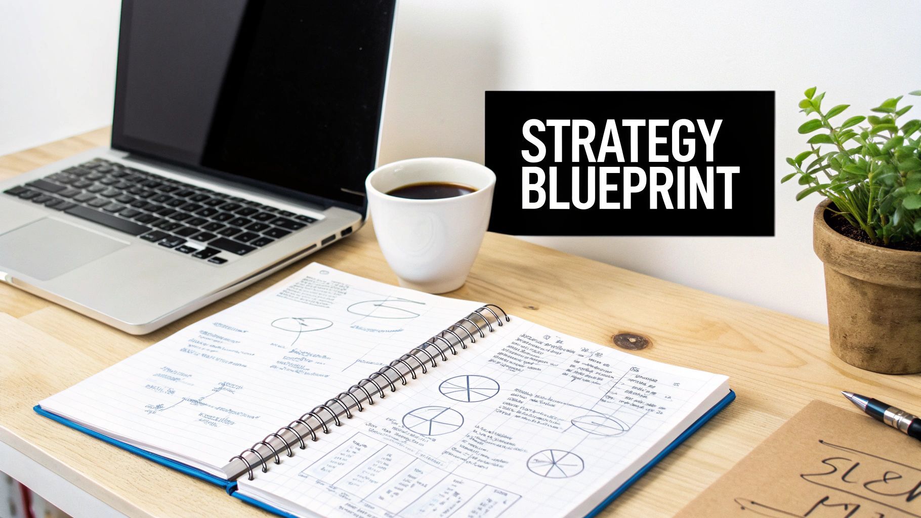 A group of people collaborating on a video ad strategy, with sticky notes and laptops on a table.