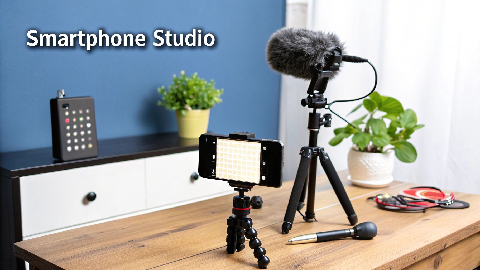 A person filming a video ad using a smartphone on a tripod, with a ring light illuminating the scene.