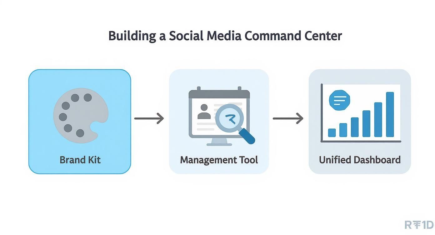 Un diagramme esquissant les étapes pour construire un centre de commandement des médias sociaux : kit de marque, outil de gestion, tableau de bord unifié.