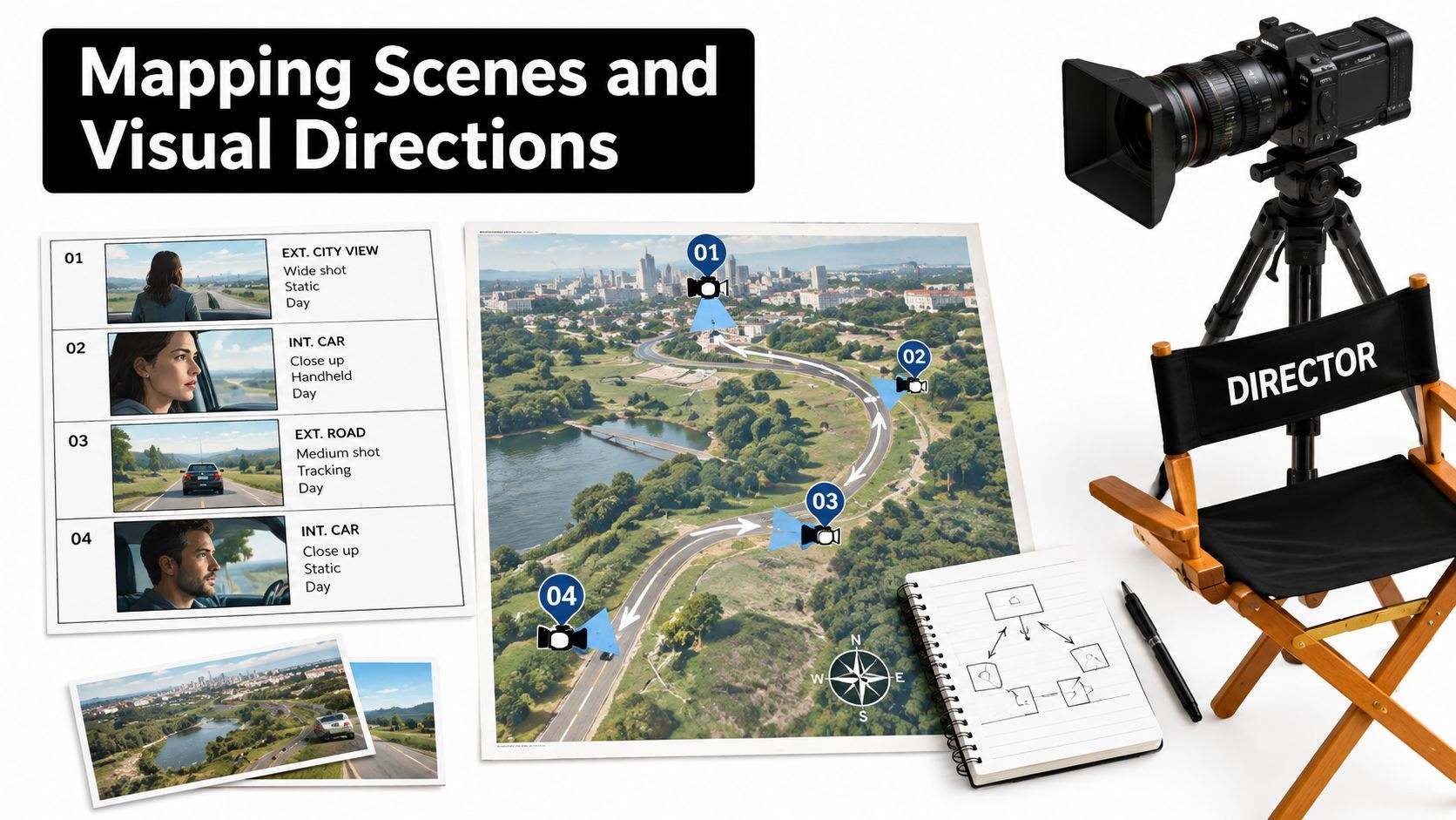 'n Filmmakingsbeplanningscene met 'n produksiekaart, storyboard, regisseursstoel en kameropstelling op 'n tafel.
