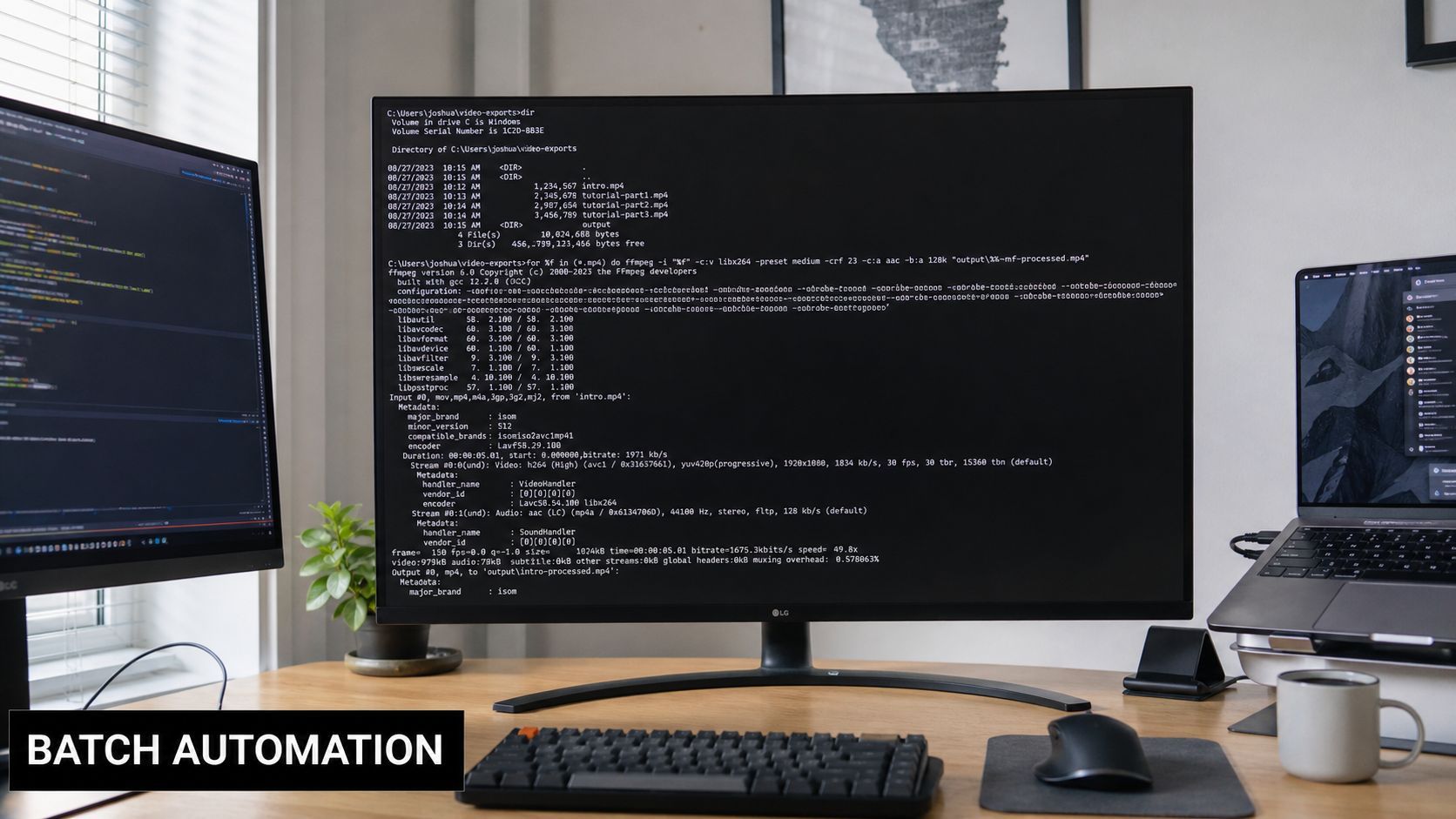 'n Rekenaarskerm wat 'n terminaal wys met FFmpeg-opdragreëlkode vir grootmaat-verwerking van videolêers.