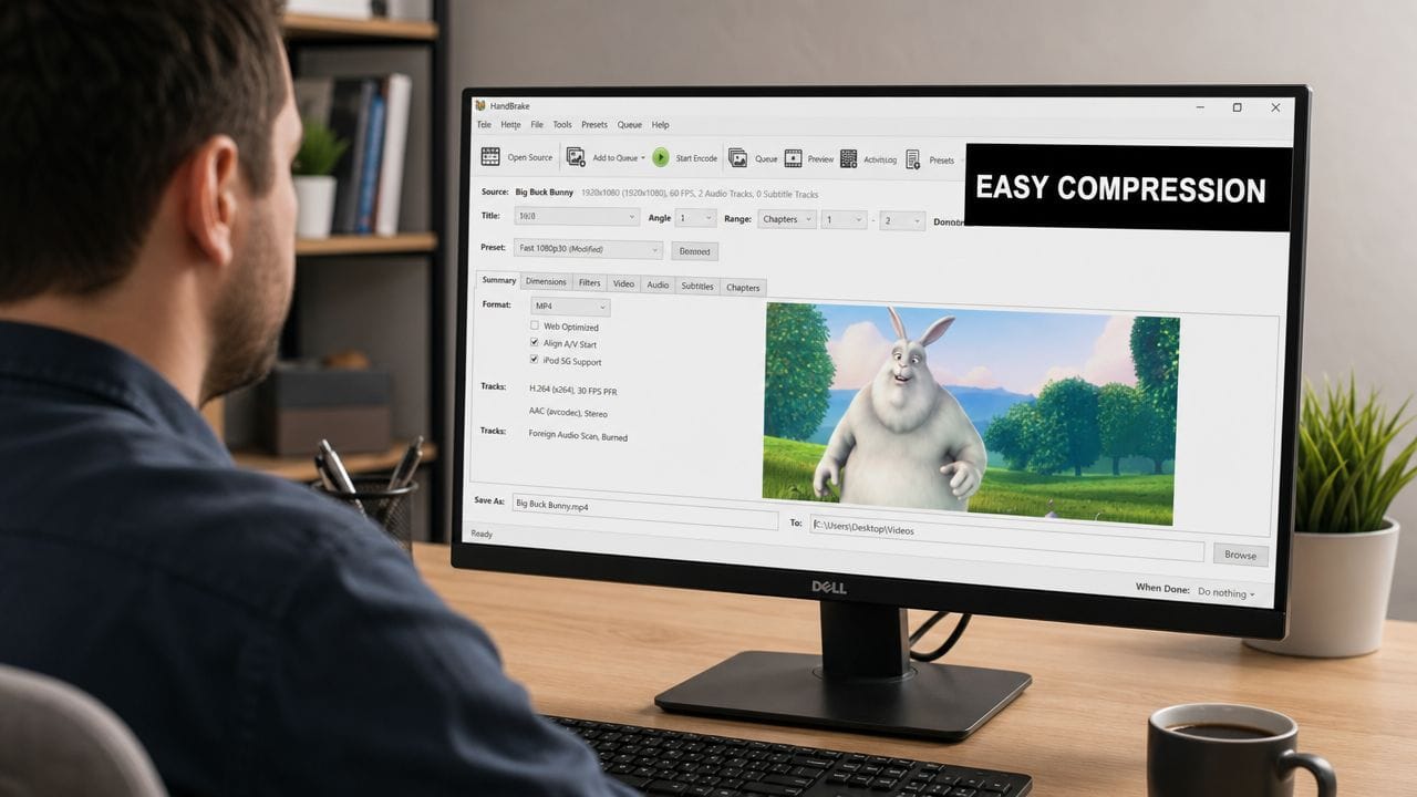 'n Man wat HandBrake-sagteware op 'n Dell-monitori gebruik om 'n videolêer op sy rekenaar te komprimeer.