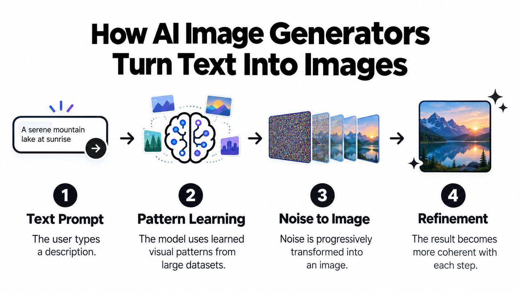 An infographic showing the four steps of how AI image generators turn text prompts into final images.