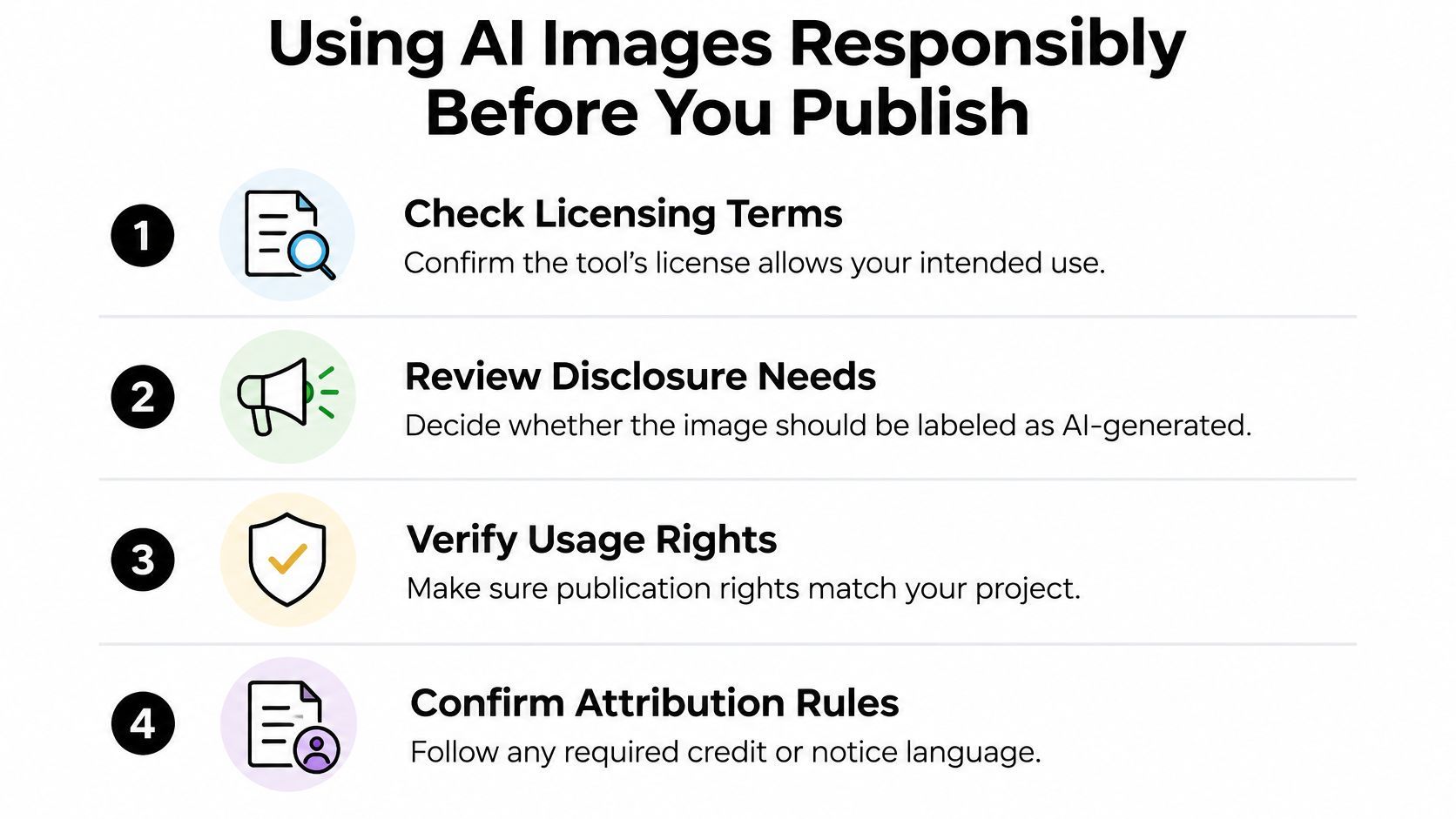 A four-step infographic guide explaining how to use AI-generated images responsibly before publishing them online.